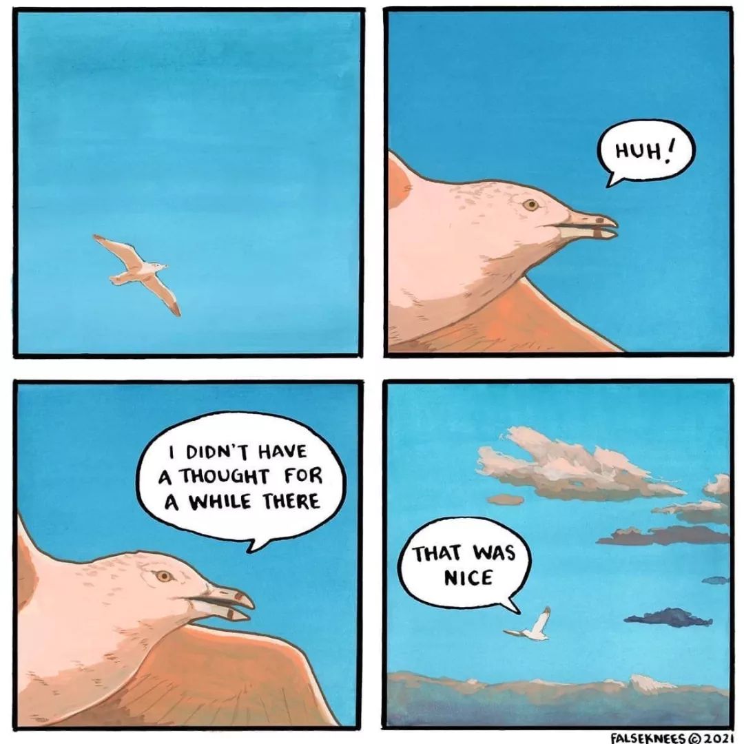 The comic strip features a seagull with a pink head and a white body. The comic strip explores the theme of mindfulness and meditation. The comic strip has four panels, each showing the seagull flying in the sky against a blue background with clouds. In the first panel, the seagull looks surprised and says “Huh?!”. In the second panel, the seagull tilts its head and says “I didn’t have a thought for a while there”. In the third panel, the seagull tilts its head in the other direction and says “That was nice”. In the fourth panel, the seagull flies away into the distance.