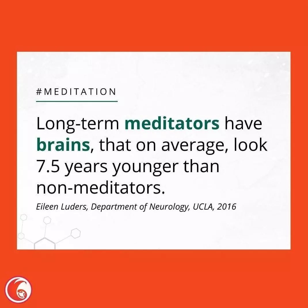 A fact about meditation and its effects on the brain. The image has a white background and a orange border, and it contains text in black and green font. The text reads “#MEDITATION Long-term meditators have brains, that on average, look 7.5 years younger than non-meditators. Eileen Luders, Department of Neurology, UCLA, 2016”. The text is attributed to Eileen Luders, a professor of neurology at UCLA, who conducted a study in 2016 that compared the brain age of meditators and non-meditators. The study found that meditators had less brain atrophy and better preserved gray matter than non-meditators. The image is meant to be informative and motivational, as it shows the potential benefits of meditation for the brain and overall health.