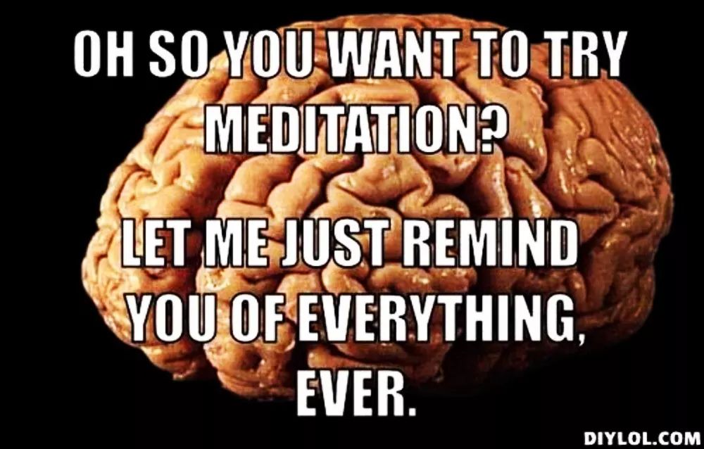 A humorous way of expressing the difficulty of meditation for some people. It says: 'So you want to meditate? Let me remind you of everything ever'. It shows a brain that is sarcastic and intrusive, and that prevents the person from achieving a calm and focused state of mind.
