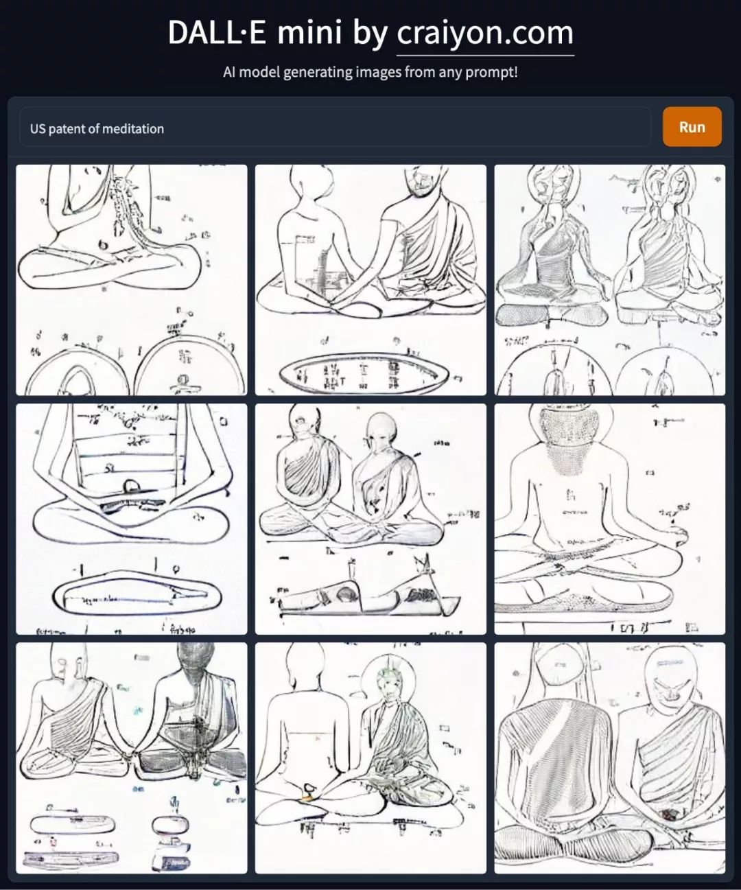 A grid of nine sketches of different meditation poses. The sketches are in black and white and have a hand-drawn style. The sketches show a person meditating with different props, such as a cushion, a mat, and a blanket. The sketches are labeled with numbers and letters, such as “1A”, “2B”, and “3C”. The image has a title that says says “US patent of meditation”.