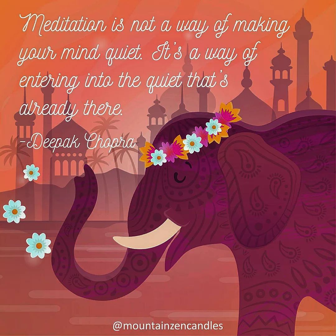 The quote in the image is by Deepak Chopra, a renowned author and speaker on topics such as spirituality, alternative medicine, and meditation. The quote says: “Meditation is not a way of making your mind quiet. It’s a way of entering into the quiet that’s already there. -Deepak Chopra”. This is an image that shows the connection between meditation and inner peace. The elephant symbolizes wisdom, strength, and harmony. The purple color represents spirituality, intuition, and creativity. The flower crown signifies beauty, joy, and gratitude. The temple and palm trees evoke a sense of calmness, serenity, and tranquility. The quote by Deepak Chopra reminds us that meditation is not a technique, but a state of being. It is a way of accessing the quiet that is already within us, beyond the noise of our thoughts and emotions. Meditation can help us to discover our true self, our purpose, and our happiness.